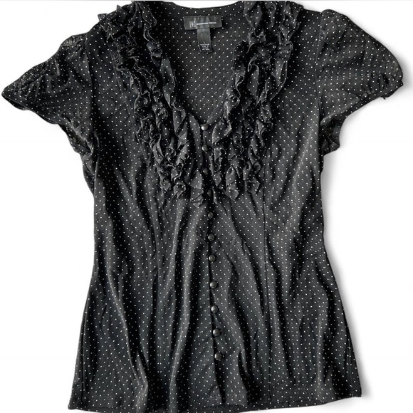 Vintage INC Womens Black Polka Dot Blouse Ruffled Collar Office Siren Large - Picture 1 of 10